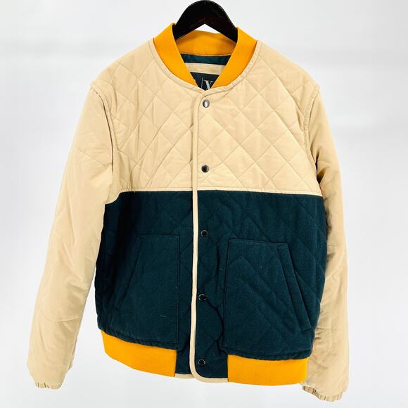 Armani Exchange Cotton Wool Beige Navy Colorblock Quilted Bomber Jacket - Picture 1 of 6